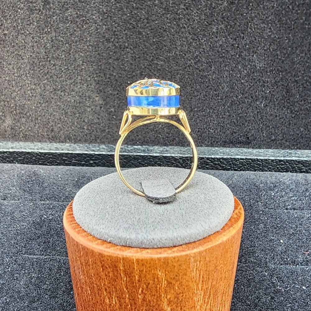Vintage 14K Yellow Gold Lapis Lazuli Cabochon Sculptural Figural Overlay Ring - Picture 8 of 11